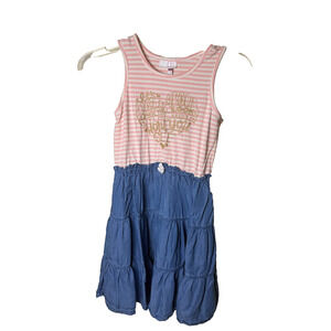 Matilda Jane 435 Girls Sz 8 Dress Pink Stripe Chambray Ruffled Skirt Graphic